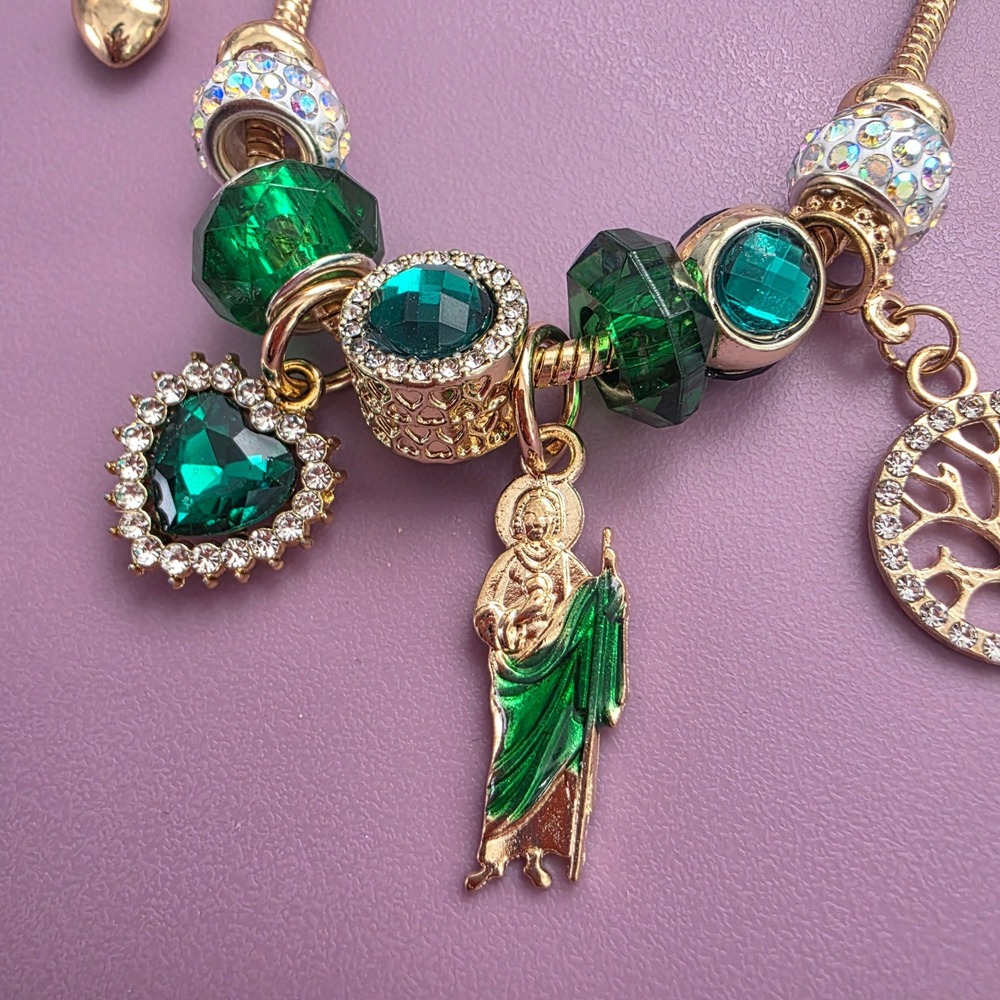 St Jude Thaddeus‎ Charm Bracelet Tone Emerald Green Crystal Tree of Life Heart